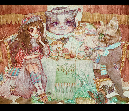 (Size Around 13x18 Inches)Big Print- Original watercolor art print-Doll's Tea Time