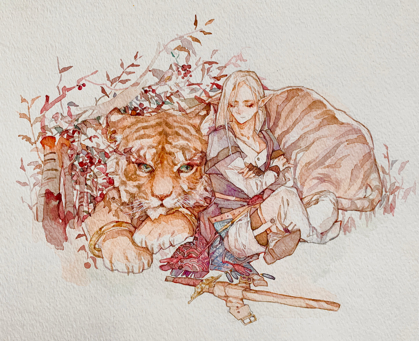 (Size Around 9 x 11 Inches) Original Watercolor Art Print- Elf and Tiger